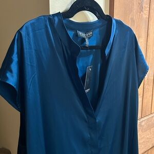Eloquii Split Neck Blouse Size 16 Deep Acquamarine Cap Sleeve NWT Holiday Ready!